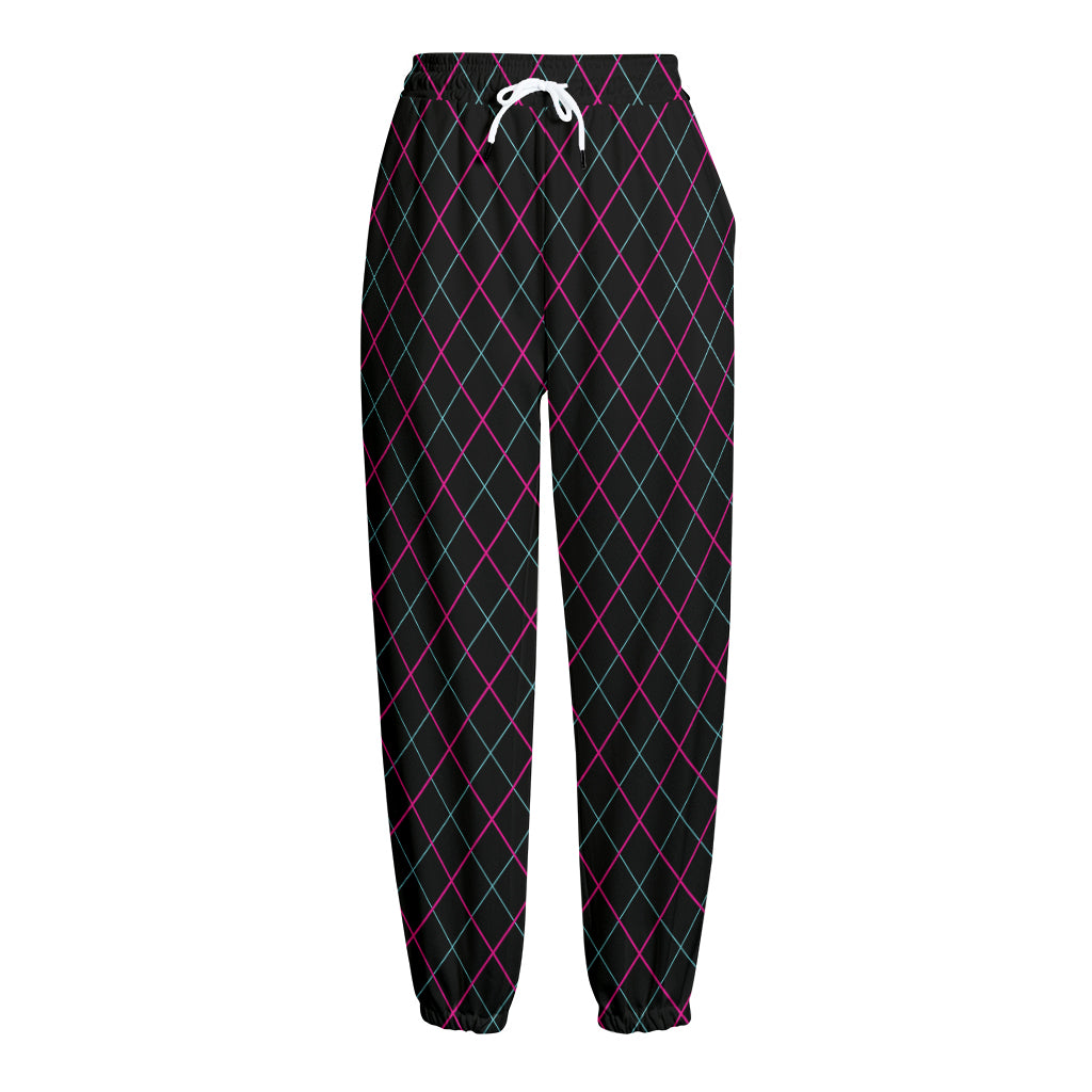 Black Pink And Blue Argyle Pattern Print Fleece Lined Knit Pants