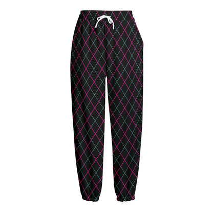 Black Pink And Blue Argyle Pattern Print Fleece Lined Knit Pants