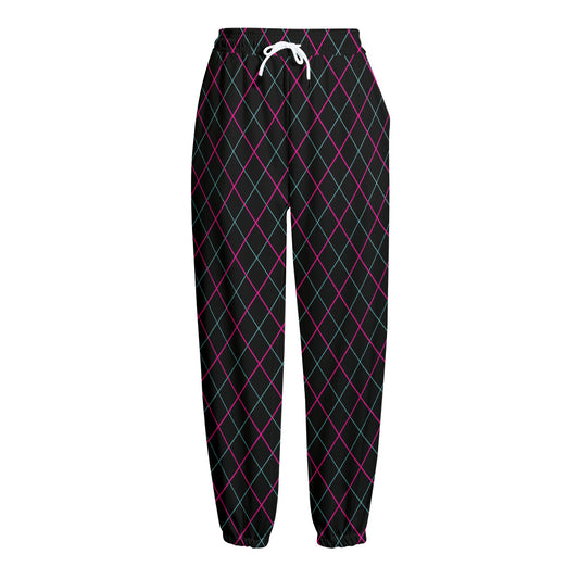 Black Pink And Blue Argyle Pattern Print Fleece Lined Knit Pants