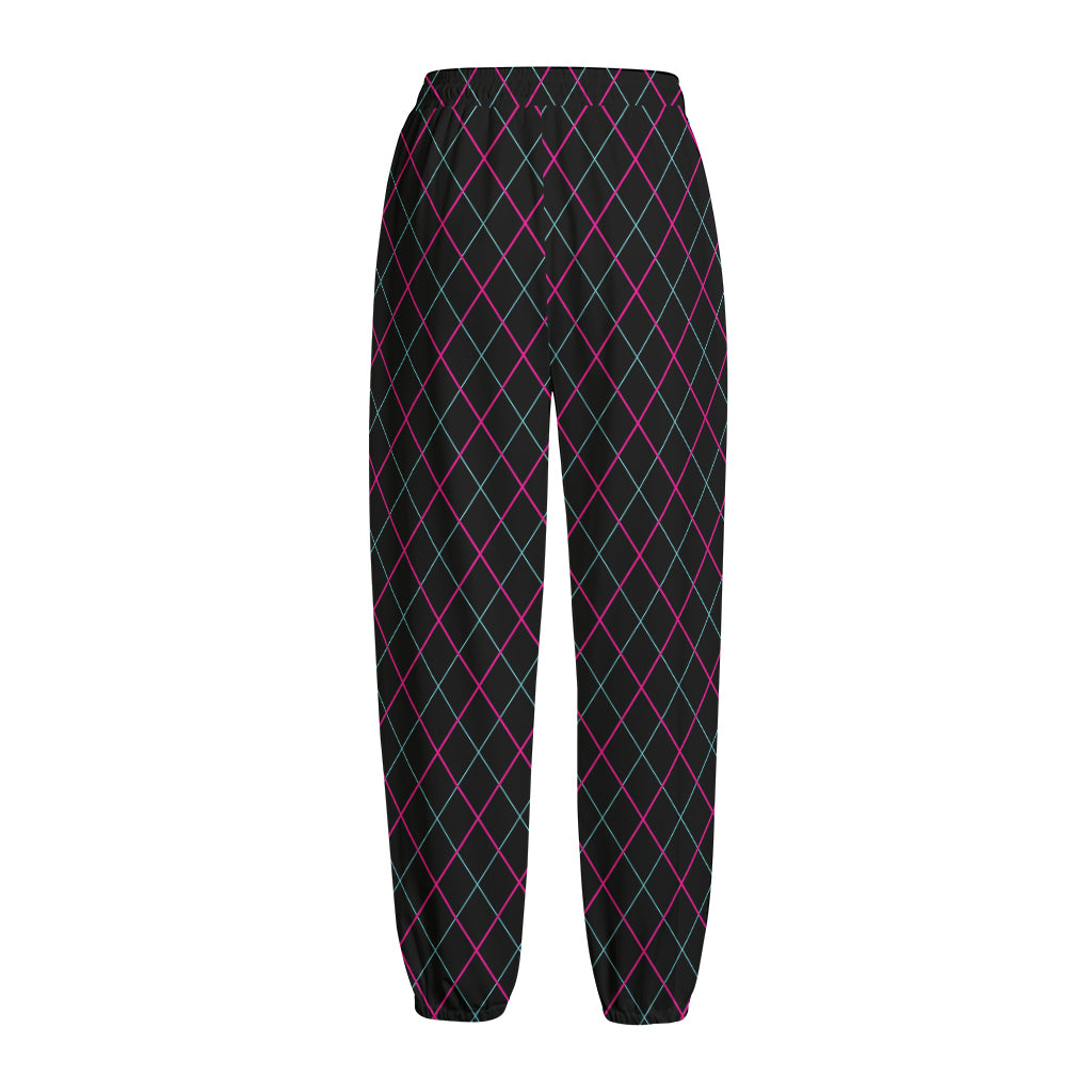 Black Pink And Blue Argyle Pattern Print Fleece Lined Knit Pants