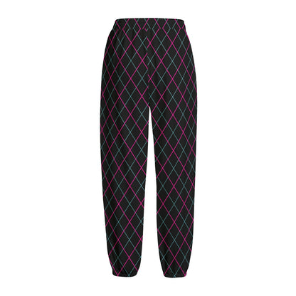 Black Pink And Blue Argyle Pattern Print Fleece Lined Knit Pants