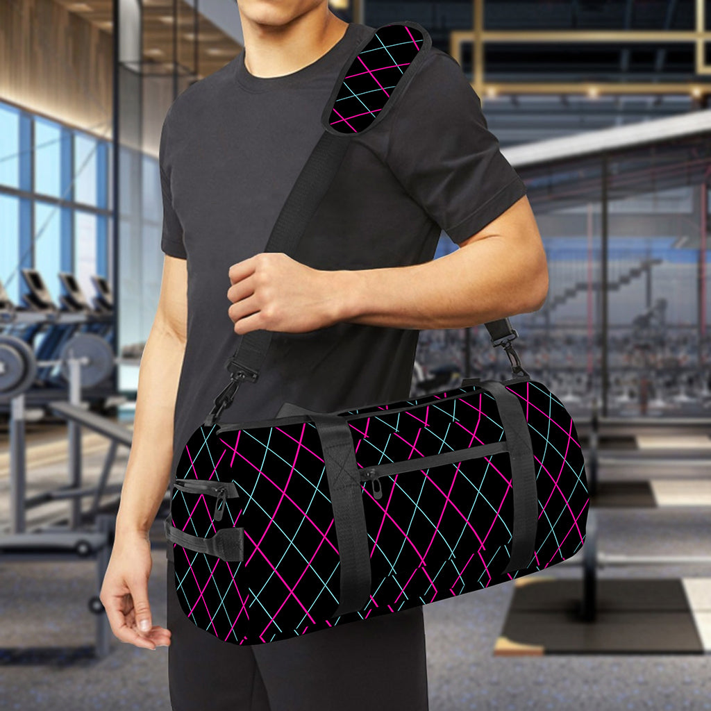 Black Pink And Blue Argyle Pattern Print Gym Bag