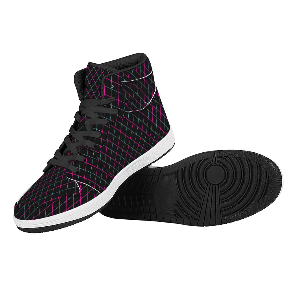 Black Pink And Blue Argyle Pattern Print High Top Leather Sneakers