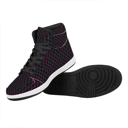 Black Pink And Blue Argyle Pattern Print High Top Leather Sneakers