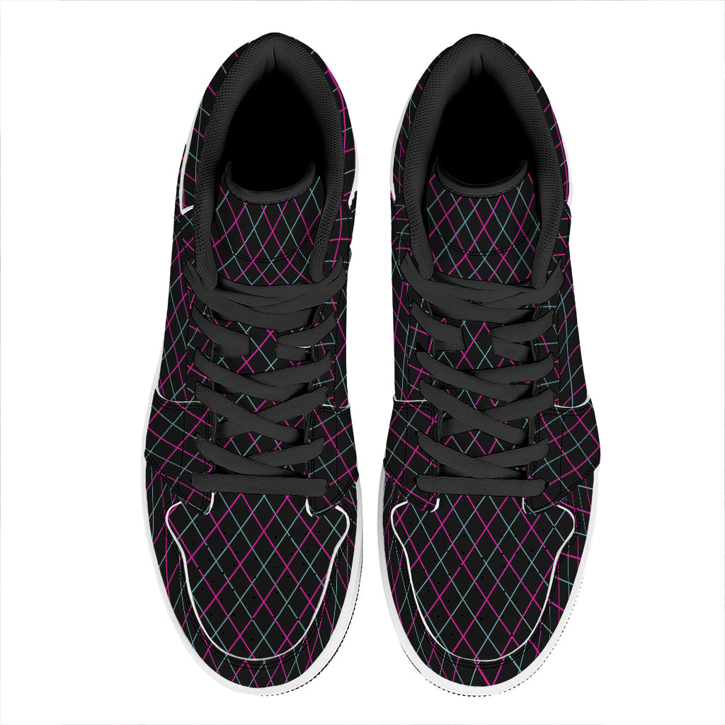 Black Pink And Blue Argyle Pattern Print High Top Leather Sneakers