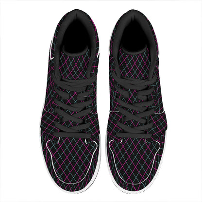 Black Pink And Blue Argyle Pattern Print High Top Leather Sneakers