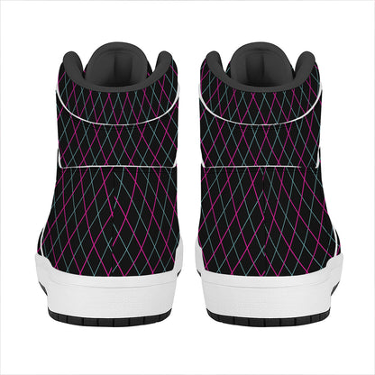 Black Pink And Blue Argyle Pattern Print High Top Leather Sneakers