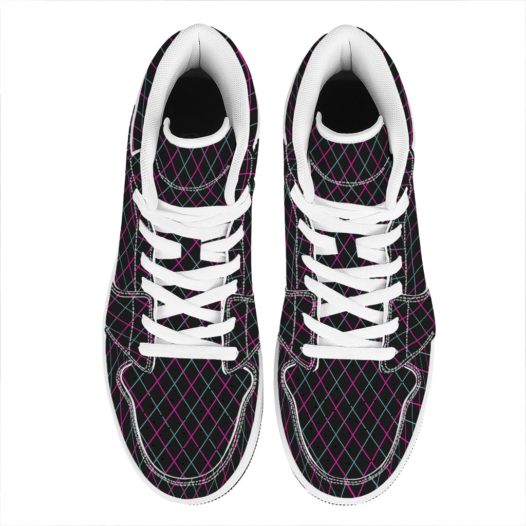 Black Pink And Blue Argyle Pattern Print High Top Leather Sneakers