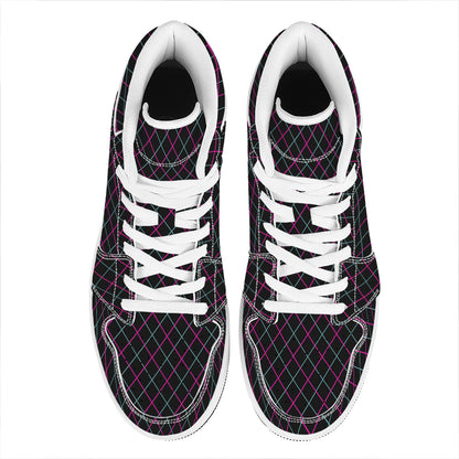 Black Pink And Blue Argyle Pattern Print High Top Leather Sneakers