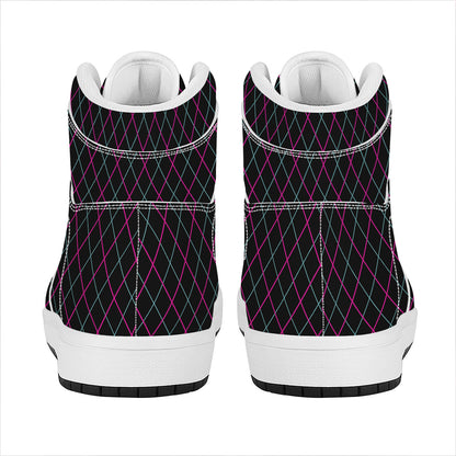 Black Pink And Blue Argyle Pattern Print High Top Leather Sneakers