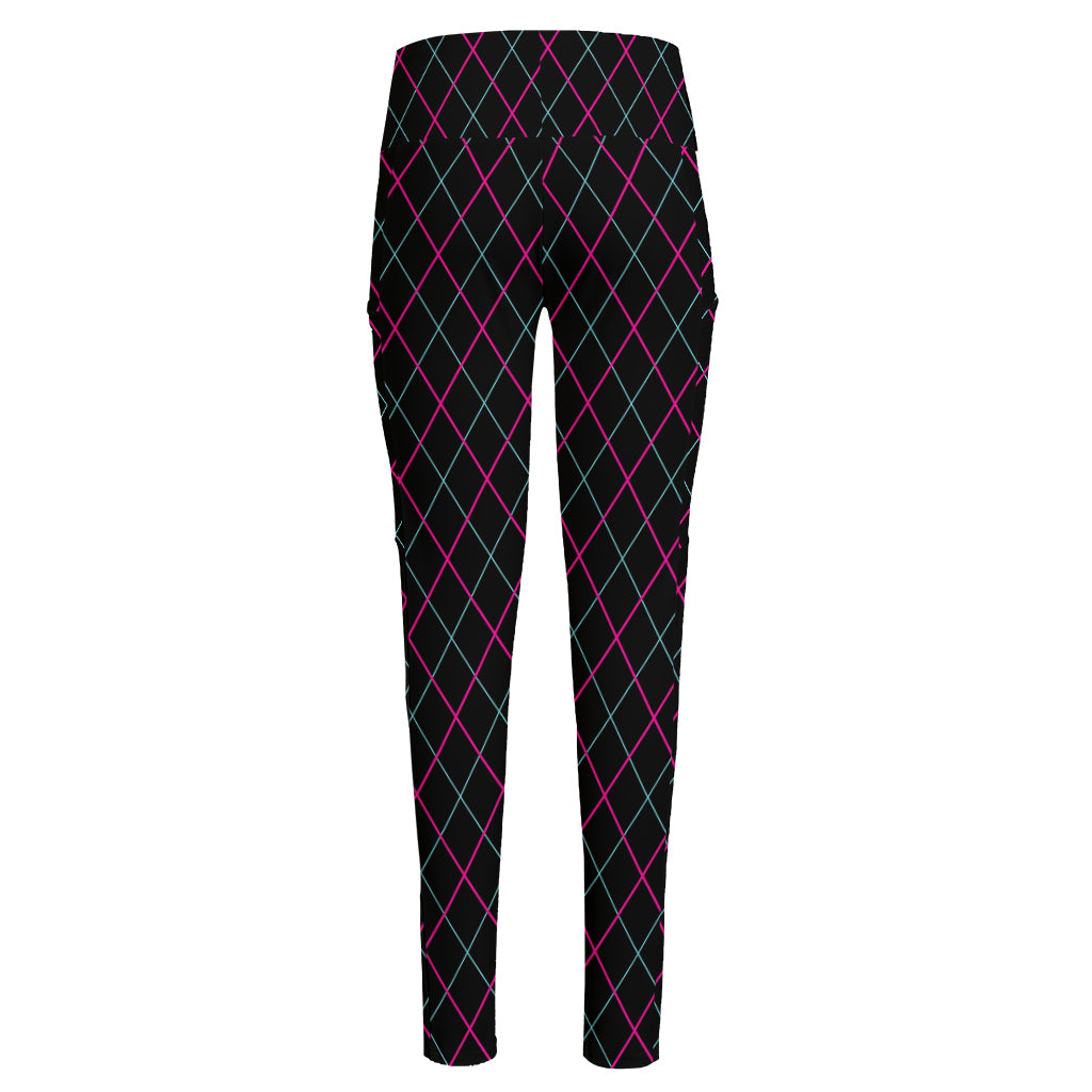 Black Pink And Blue Argyle Pattern Print High-Waisted Pocket Leggings