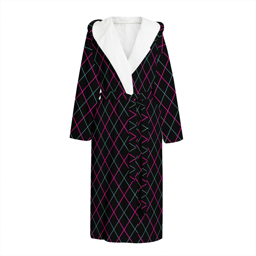 Black Pink And Blue Argyle Pattern Print Hooded Bathrobe