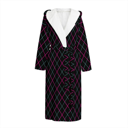 Black Pink And Blue Argyle Pattern Print Hooded Bathrobe