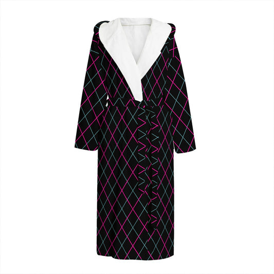 Black Pink And Blue Argyle Pattern Print Hooded Bathrobe
