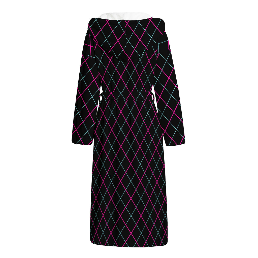 Black Pink And Blue Argyle Pattern Print Hooded Bathrobe