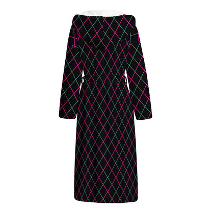 Black Pink And Blue Argyle Pattern Print Hooded Bathrobe