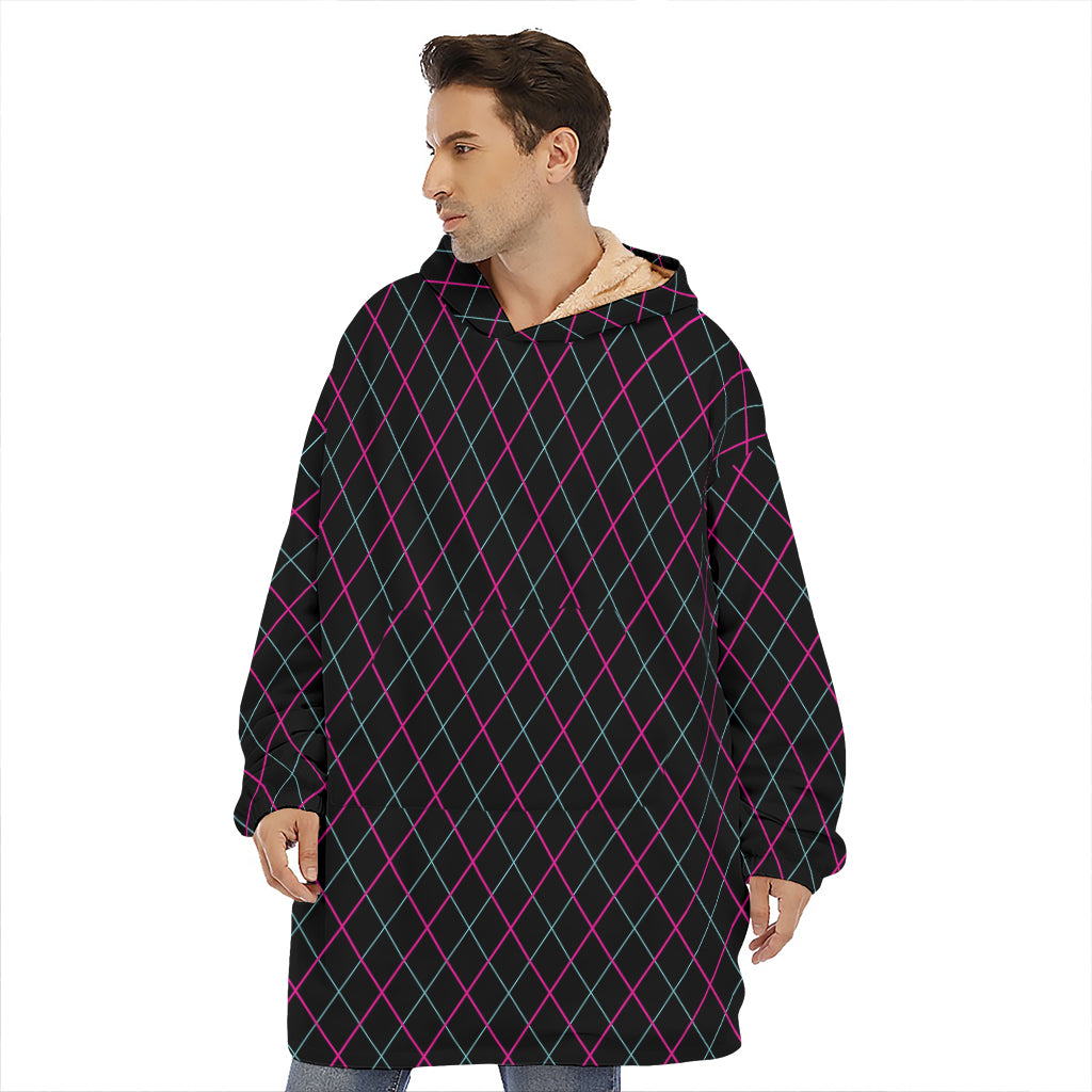Black Pink And Blue Argyle Pattern Print Hoodie Blanket