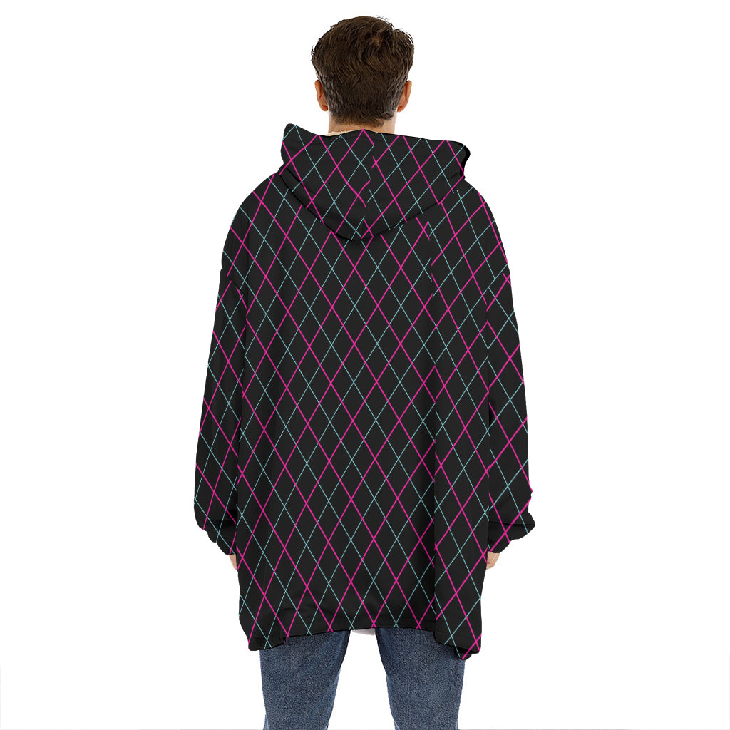 Black Pink And Blue Argyle Pattern Print Hoodie Blanket