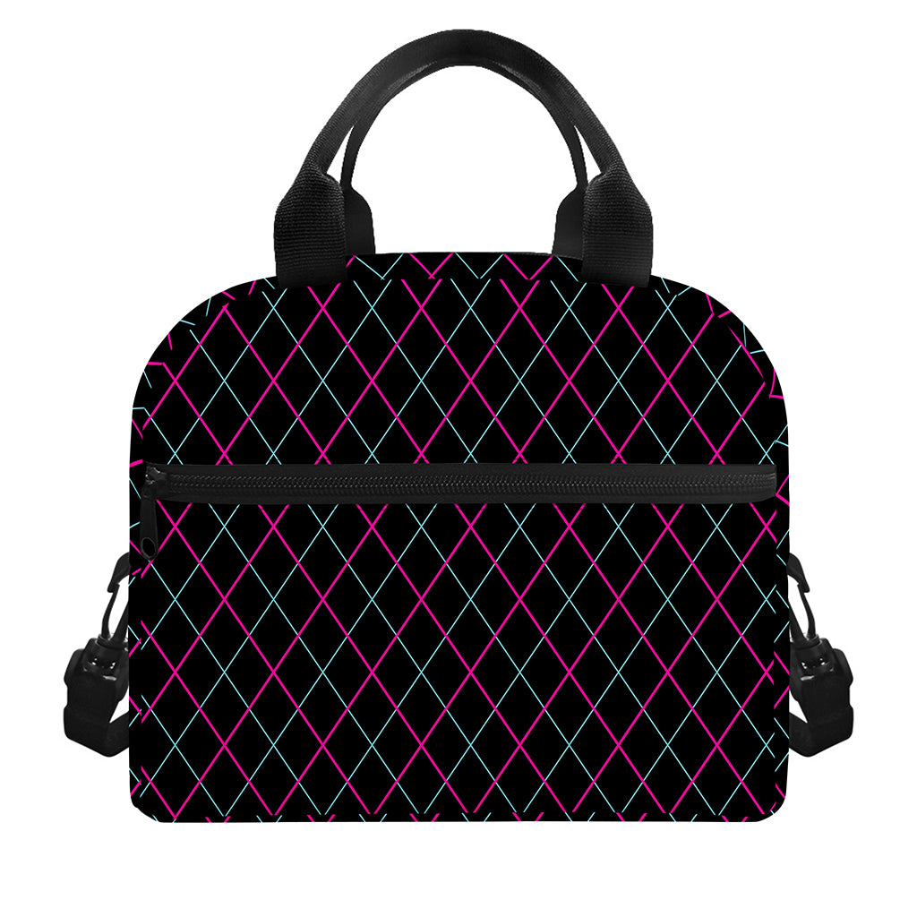 Black Pink And Blue Argyle Pattern Print Insulated Lunch Bag
