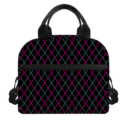 Black Pink And Blue Argyle Pattern Print Insulated Lunch Bag