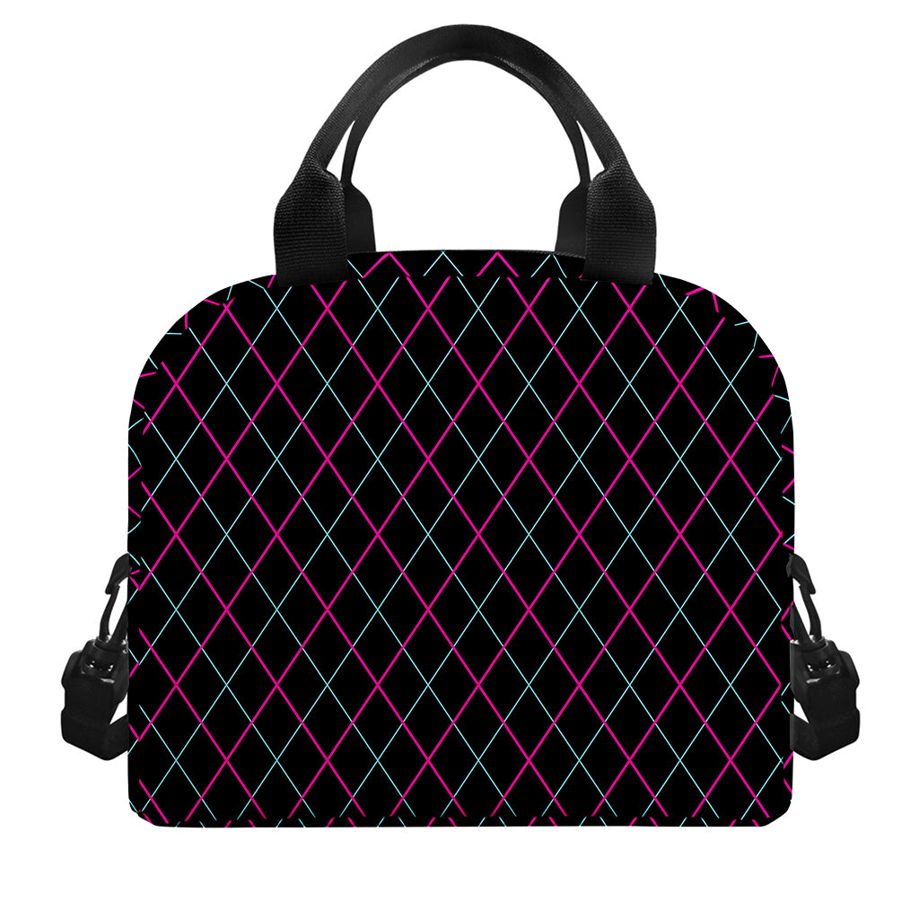 Black Pink And Blue Argyle Pattern Print Insulated Lunch Bag