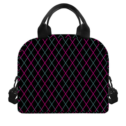 Black Pink And Blue Argyle Pattern Print Insulated Lunch Bag