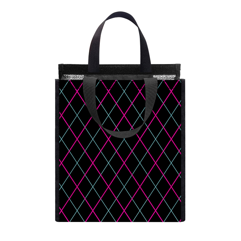 Black Pink And Blue Argyle Pattern Print Insulated Lunch Tote