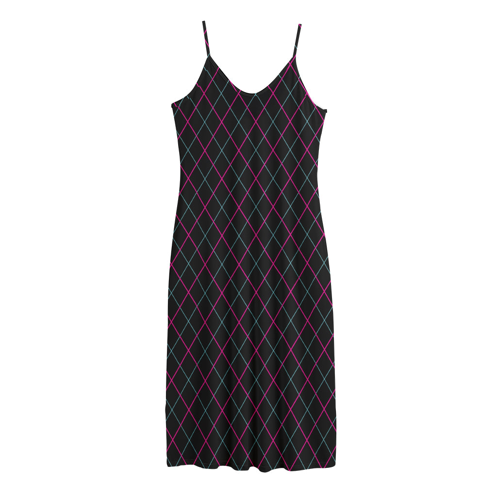 Black Pink And Blue Argyle Pattern Print Jersey Midi Cami Dress