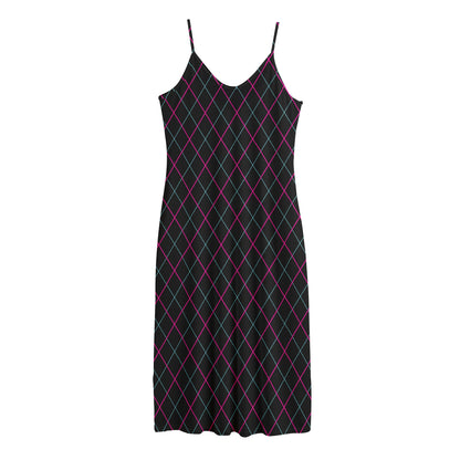 Black Pink And Blue Argyle Pattern Print Jersey Midi Cami Dress