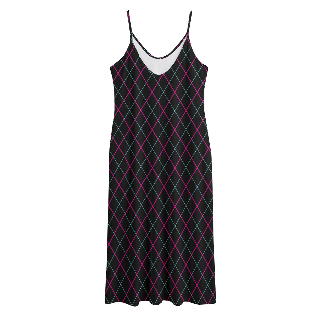 Black Pink And Blue Argyle Pattern Print Jersey Midi Cami Dress