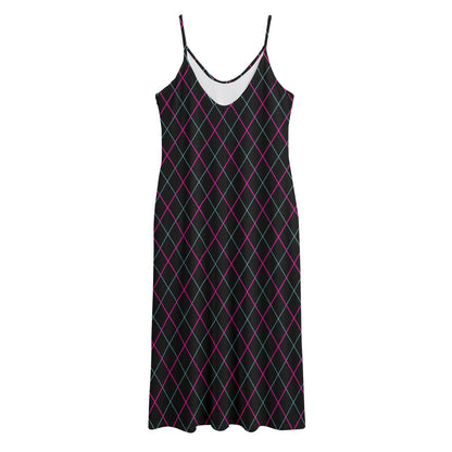 Black Pink And Blue Argyle Pattern Print Jersey Midi Cami Dress
