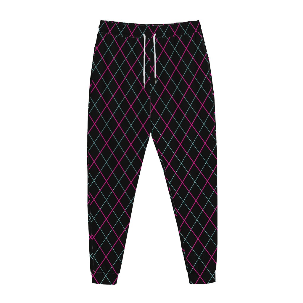 Black Pink And Blue Argyle Pattern Print Jogger Pants