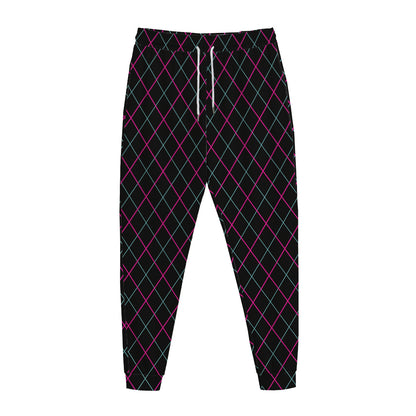 Black Pink And Blue Argyle Pattern Print Jogger Pants