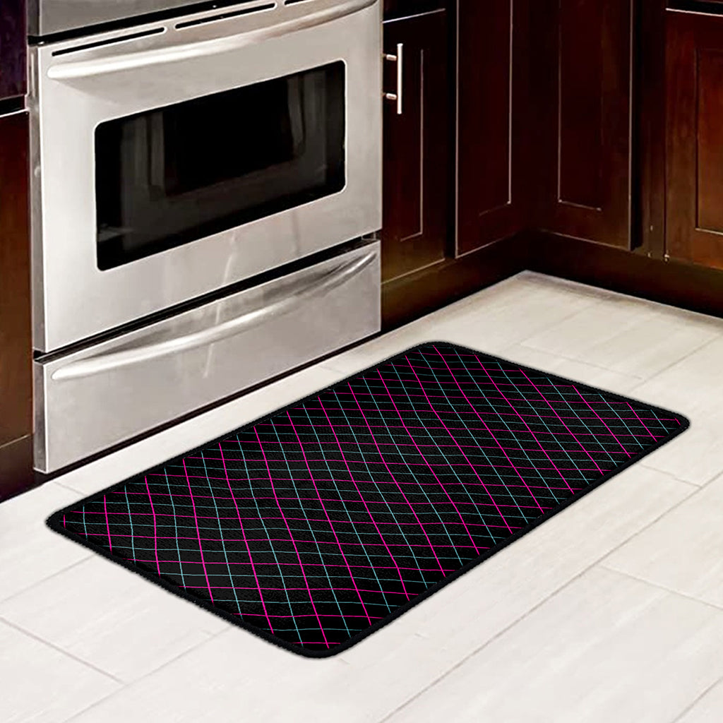 Black Pink And Blue Argyle Pattern Print Kitchen Mat