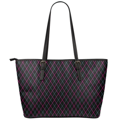 Black Pink And Blue Argyle Pattern Print Leather Tote Bag