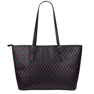 Black Pink And Blue Argyle Pattern Print Leather Tote Bag