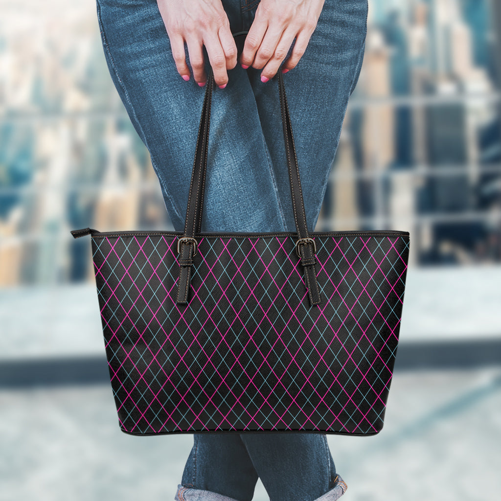 Black Pink And Blue Argyle Pattern Print Leather Tote Bag