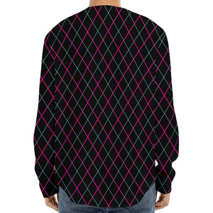 Black Pink And Blue Argyle Pattern Print Long Sleeve Baseball Jersey