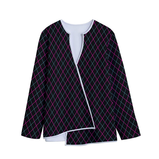 Black Pink And Blue Argyle Pattern Print Long Sleeve Short Coat