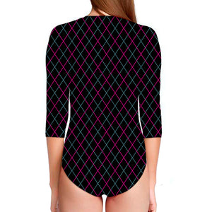 Black Pink And Blue Argyle Pattern Print Long Sleeve Swimsuit