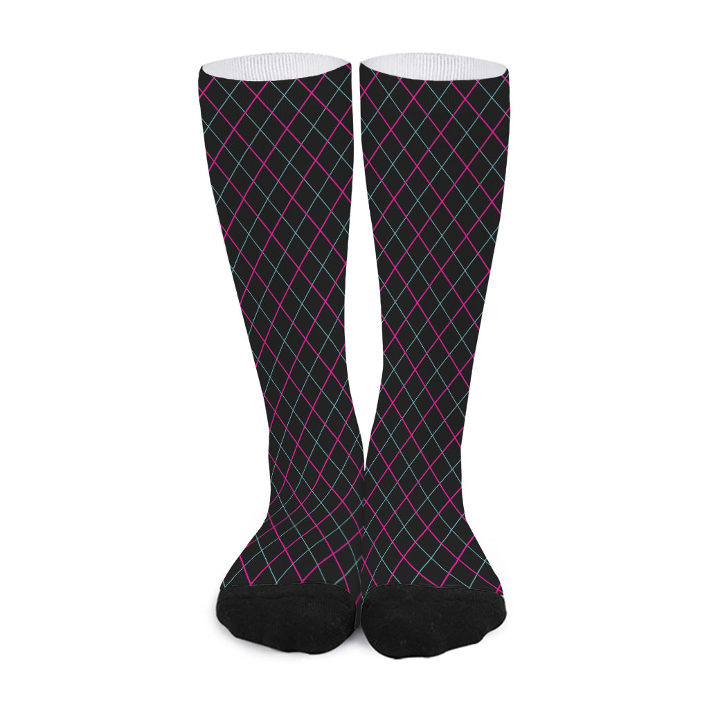Black Pink And Blue Argyle Pattern Print Long Socks