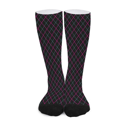 Black Pink And Blue Argyle Pattern Print Long Socks