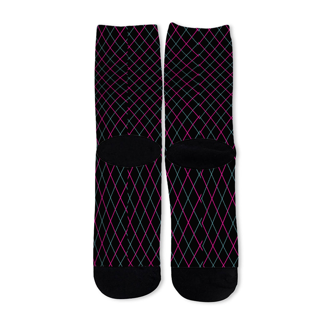 Black Pink And Blue Argyle Pattern Print Long Socks