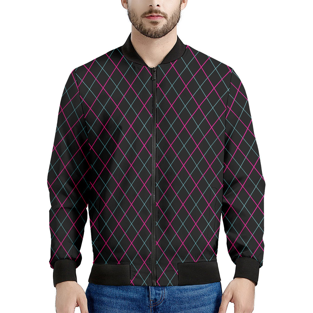 Black Pink And Blue Argyle Pattern Print Men's Bomber Jacket