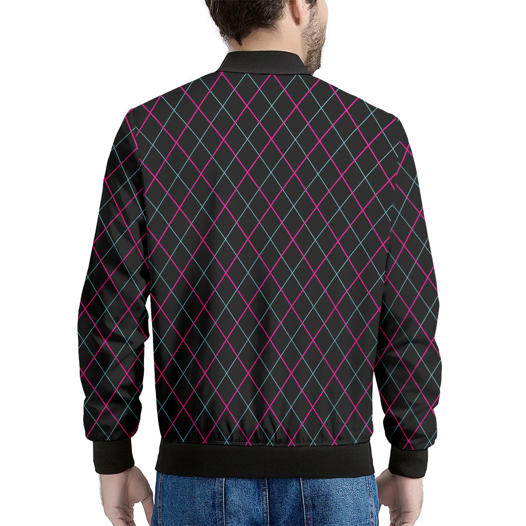 Black Pink And Blue Argyle Pattern Print Men's Bomber Jacket