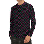 Black Pink And Blue Argyle Pattern Print Men's Long Sleeve Rash Guard