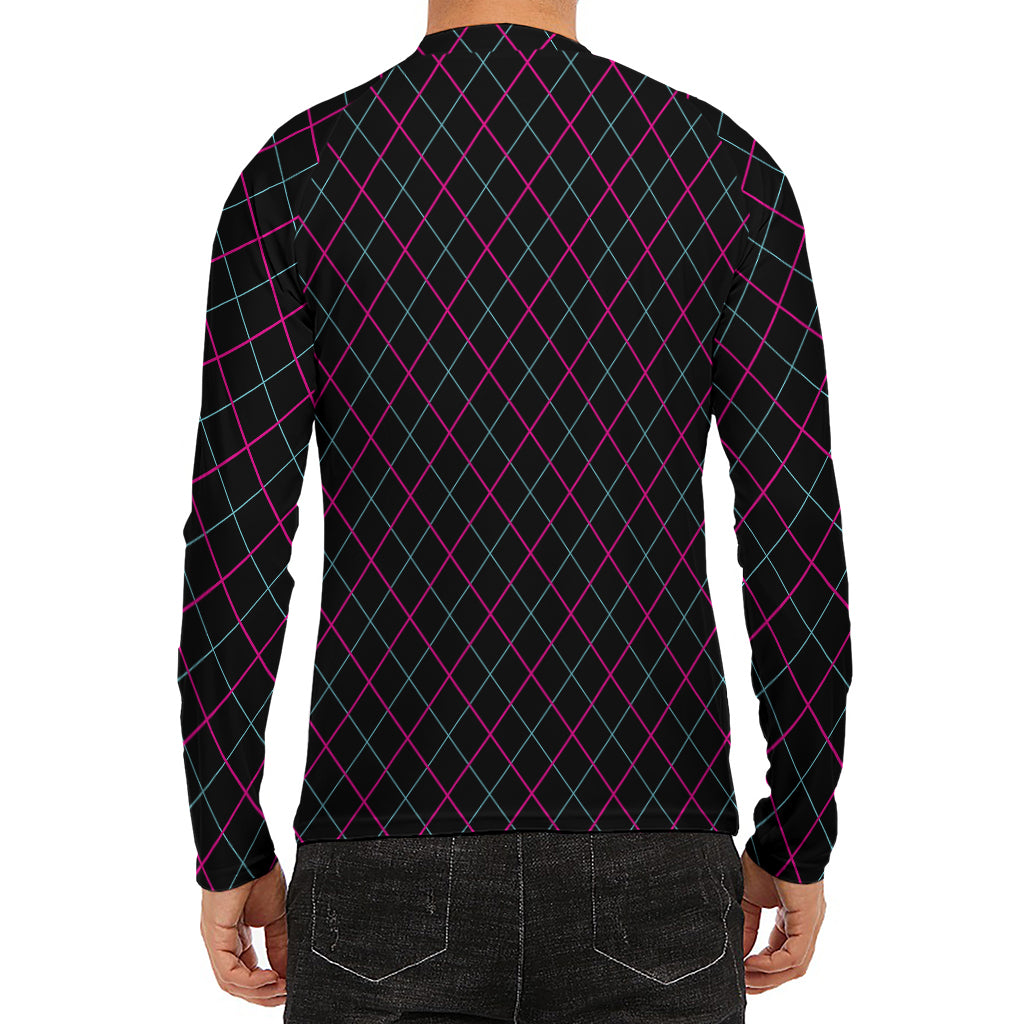 Black Pink And Blue Argyle Pattern Print Men's Long Sleeve Rash Guard