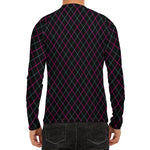 Black Pink And Blue Argyle Pattern Print Men's Long Sleeve Rash Guard