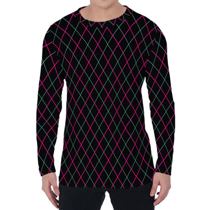 Black Pink And Blue Argyle Pattern Print Men's Long Sleeve T-Shirt