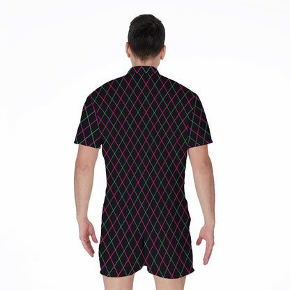 Black Pink And Blue Argyle Pattern Print Men's Rompers